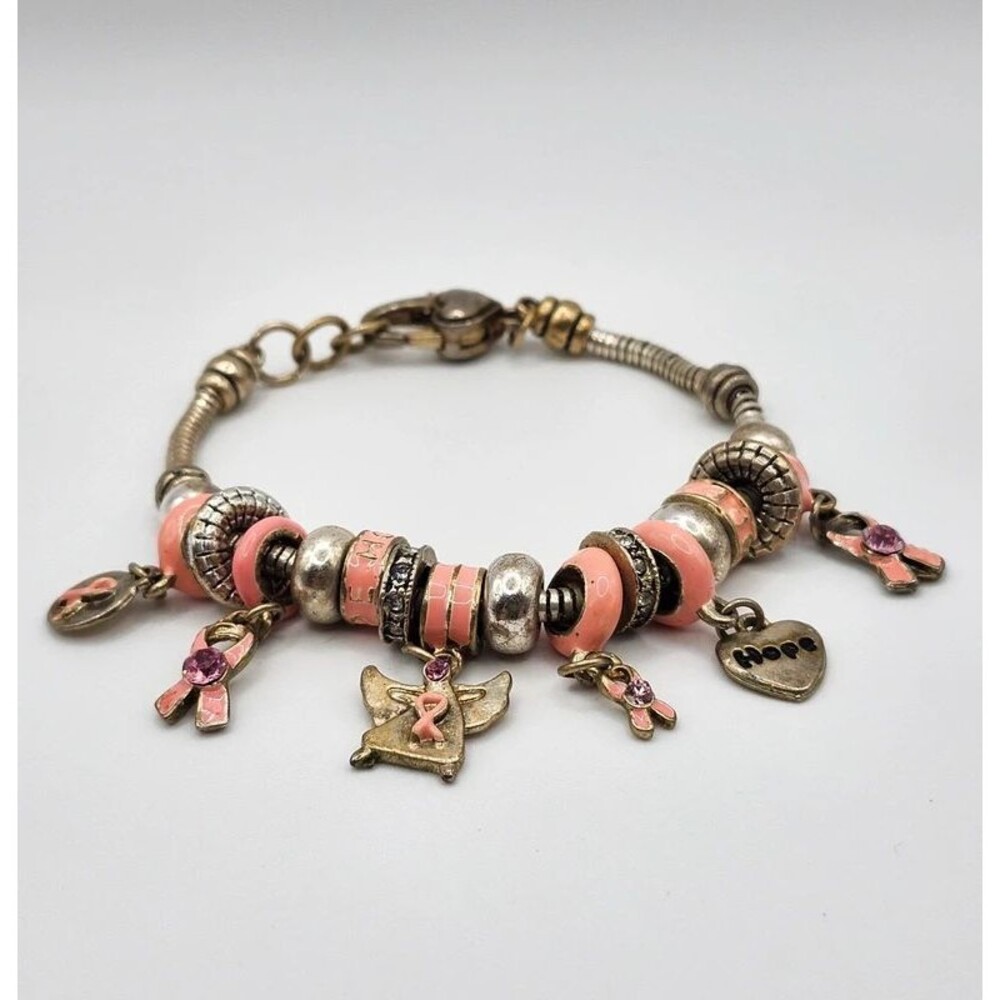 Silvertone & Pink Breast Cancer Awareness Charm Bracelet